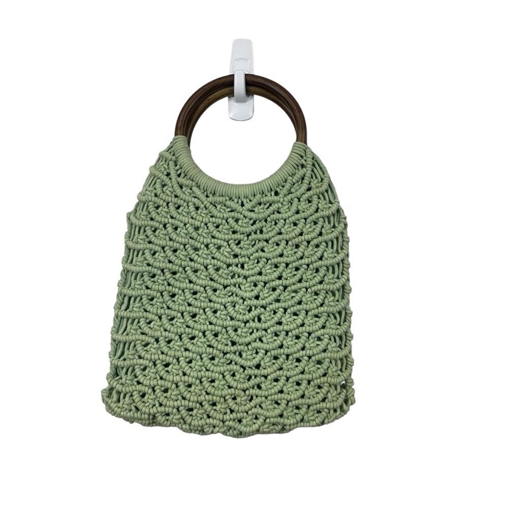 Sigrid Olsen Sage Green Woven Handbag with Wooden Handles Cottage Core Boho